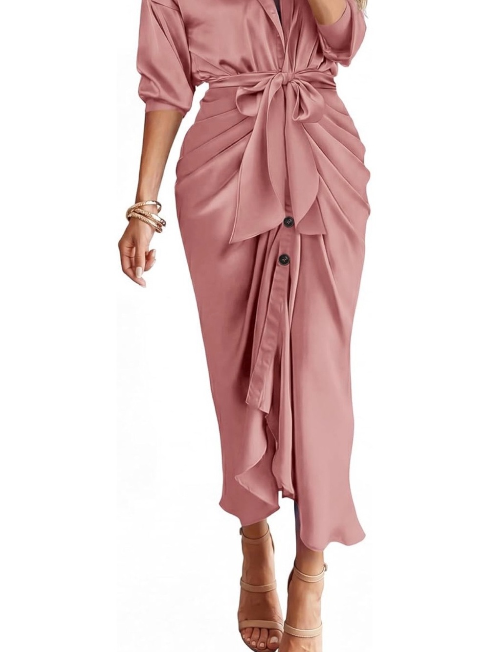 High-Low Satin Dress with Front Tie in Dusty Rose
